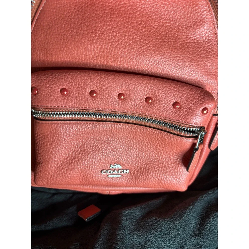 Coach F45070 Charlie Mini Backpack Coral Pebbled Leather Studded Silver Hardware